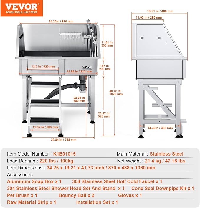 VEVOR 34" Pet Dog Bathing Station w/Ramp, Professional Stainless Steel Dog Grooming Tub w/Storage Drawer, Faucet,Rich Accessory, Dog Bathtub for Large,Medium,Small Pets, Washing Sink for Home(Left)