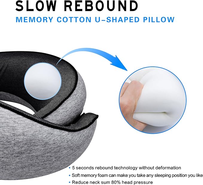 Travel Neck Pillow for Airplanes, 100% Pure Memory Foam Neck Support Pillow 360°Adjustable Full Surrounding Travel Pillow for Long Flights, Car, Train and Home Use, Light Grey