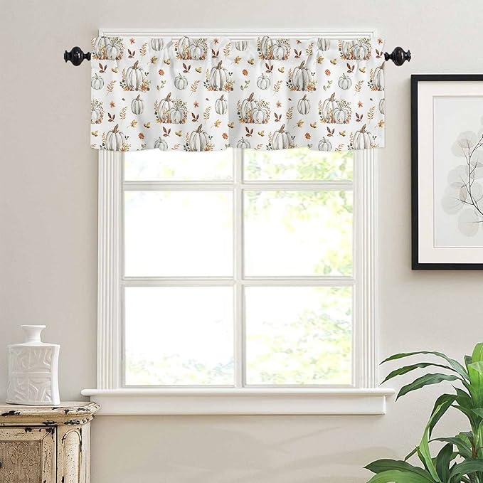 Vandarllin Fall Floral Leaves Kitchen Curtains and Valances Set, Thanksgiving Pumpkins Half/Short Curtains for Small Windows Cafe/Living Room/Bedroom 54x 36 in-, Boho Window Treatments Tiers