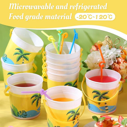 Yaomiao 32 oz Plastic Cocktail Rum Buckets for Drinks with 100 Colorful Straws Portable Drink Buckets for Parties Reusable Punch Bowls for Summer Beach Bar Kitchen (12 Pcs)