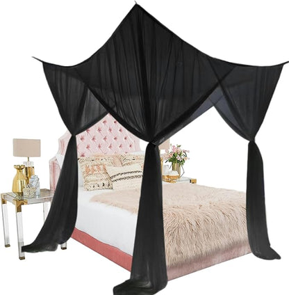 Bed Canopy Mosquito Net for Bed, Canopy Bed Curtains for Twin Full Size, 4 Corner Post Bedroom Canopy for Kids Adults, Square Bed Drapes Home Decor (Black)