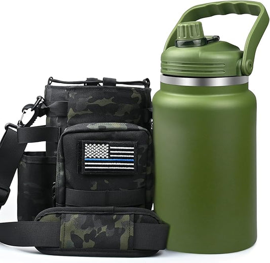 1 Gallon Insulated Water Bottle with Sleeve - 128 Oz Stainless Steel Water Jug with Handle - Wide Mouth Water Flask with Camo Tactical Carrying Bag for Outdoors, Sport, Gym, Hiking