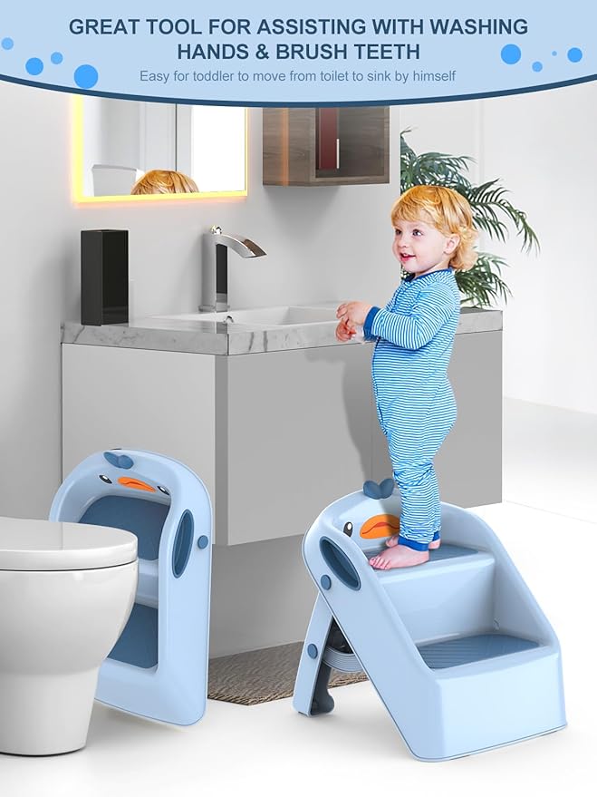 Toddler Kids Step Stool for Bathroom Sink Blue | Foldable 2 Step Stool for Kids 1-4 Years Old | Dual Height 15.5" Child Kitchen Helper with Handles - Easy to Move, Slip-Resistant