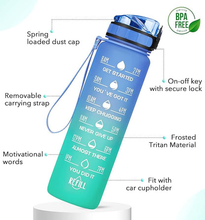 1L/750ml Motivational Water Bottle with Time Marker, Leak-proof BPA Free Drink Bottle with Fruit Strainer or straw, Perfect for Fitness, Gym and Outdoor Sports