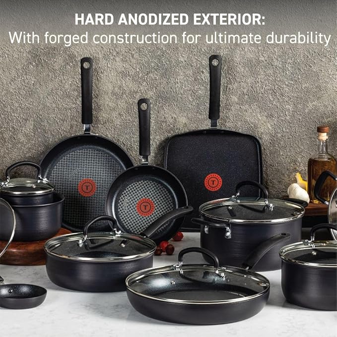 T-fal Ultimate Hard Anodized Nonstick Cookware Set 17 Piece, Oven Broiler Safe 400F, Lid Safe 350F, Kitchen Cooking Set w/ Fry Pans, Saucepans, Saute Pan, Griddle, Pots and Pans, Dishwasher Safe Black