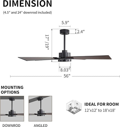 WINGBO 56 Inch DC Ceiling Fan with Lights and Remote, 4 Plywood Blades, 6-Speed Reversible DC Motor, Dimmable, 3CCT, Ceiling Fan for Bedroom Living Room Kitchen, Black and Walnut/Shadowed Walnut