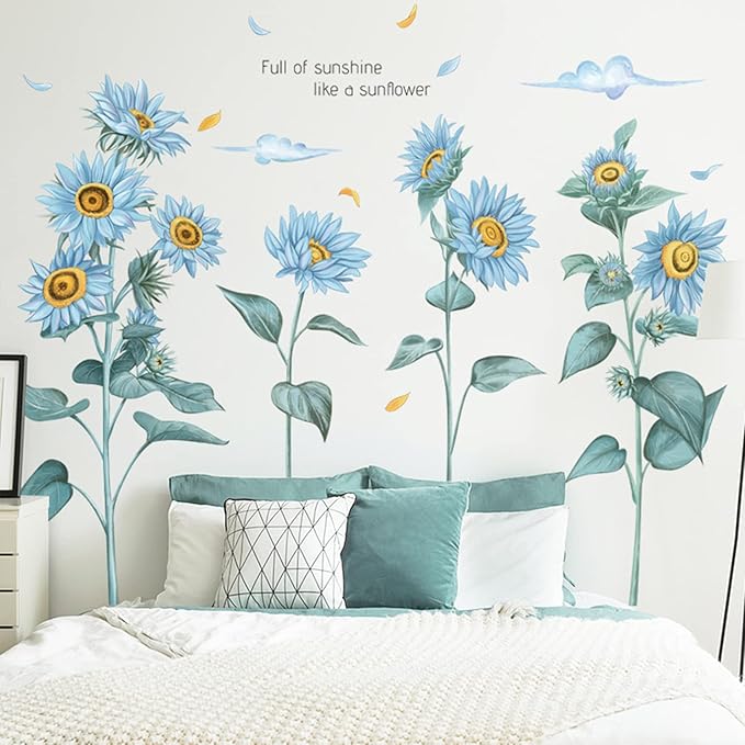 3D Sunflower Wall Decals Butterfly Stickers, Removable Blue Flower Butterfly Wall Decor Sunflower Wallpaper Window Clings Water Bottle Stickers for Kids Girls Room Kitchen Nursery Party