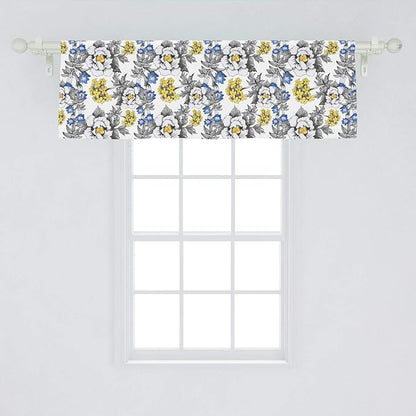 Ambesonne Garden Window Valance, Romantic Peony Hydrangea and Blue Violet Blossoms in Sketch Art Style, Curtain Valance for Kitchen Bedroom Decor with Rod Pocket, 54" X 18", Grey Yellow