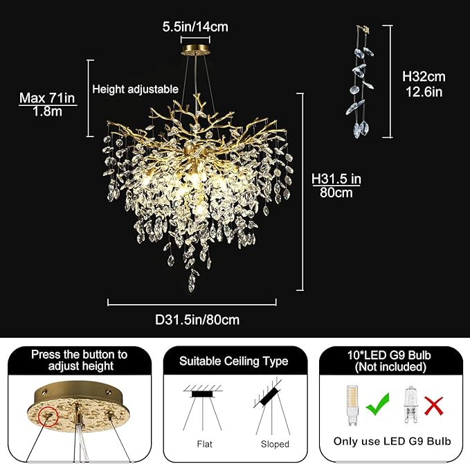 32 inch Crystal Chandelier for Dining Room, Round Gold Tree Branches Chandeliers, Top K9 Crystal Chandelier, Modern Chandeliers for Kitchen,Foyer Entryway,Luxury Adjustable Hanging Chandelier