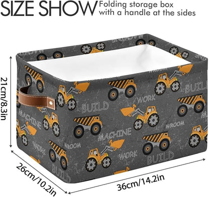 Construction Truck Excavator Storage Basket Fabric Toys Baskets Build Work Machine Boys Open Home Storage Bins Boxes Foldable Organizer Bag for Baby Cloth Toy Book Shelf Closet Baskets 16×12×8 Inches