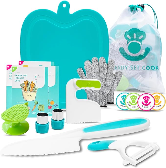 Tovla Jr Kids Montessori Cooking Tools Set - Kid Safe Kitchen Knives Gift Set - Childrens' Knife, Toddler Chopper, Vegetable Peeler ,Gloves,Cutting Board, Recipes and More