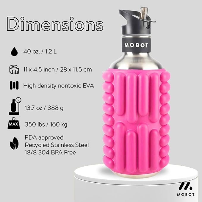 MOBOT Portable Travel Foam Roller Water Bottle with Sip Straw, Stainless Steel Screw Lid | Insulated Sports Water Bottle and Foam Rollers for Yoga, Workout, Home Gym, & Exercise 40oz. (Pink)