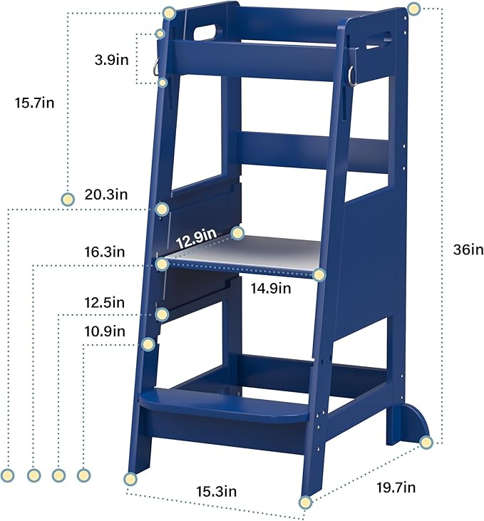 TOETOL Bamboo Toddler Learning Step Stool 3 Height Adjustable Kitchen Counter Standing and Bathroom Sink Tower Helper Stool for Kids with Safety Rail(Navy Blue)