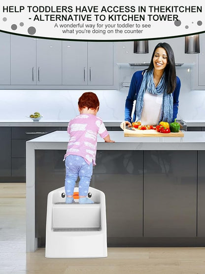 Toddler Step Stool for Kids Bathroom Sink Grey & White | Foldable 2 Step Stool for Kids 1-4 Years Old | Dual Height 11" Child Kitchen Helper with Handles - Easy to Move, Slip-Resistant