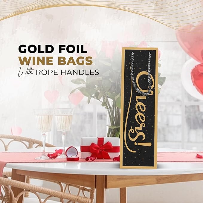 12 Pack of Bottle Bags for Gifts, Bottle Gift Bags for Wine of Cardboard Paper, Sturdy Handles Wine Bag, Wine Gift Bag Resistant Material, Gold Foil Wine Bags for Wine Bottles Gifts