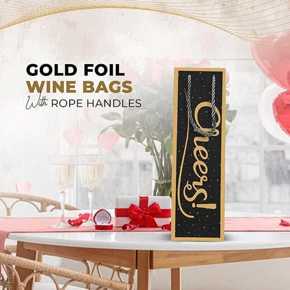 12 Pack of Bottle Bags for Gifts, Bottle Gift Bags for Wine of Cardboard Paper, Sturdy Handles Wine Bag, Wine Gift Bag Resistant Material, Gold Foil Wine Bags for Wine Bottles Gifts