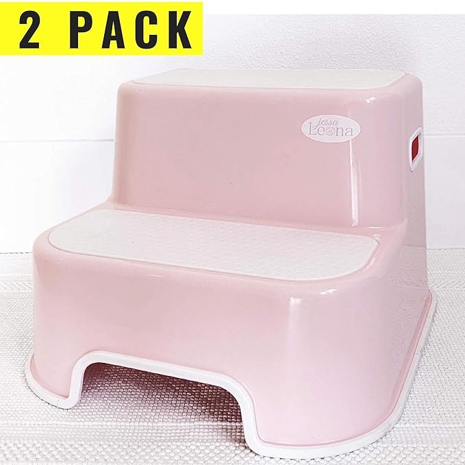 Wider Dual Height 2 Step Stool for Kids | Toddler's Stool for Potty Training and Use in The Bathroom or Kitchen | BPA-Free Strong Soft-Grip Steps for Comfort and Safety (2 Pack, Pretty Pink)