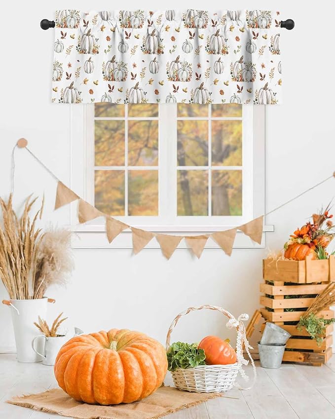 Vandarllin Fall Floral Leaves Kitchen Curtains Valances for Windows Thanksgiving Pumpkins Rod Pocket Window Treatment for Kitchen/Living Room/Bedroom/Bathroom,60" X 18"-1 Panel, Boho