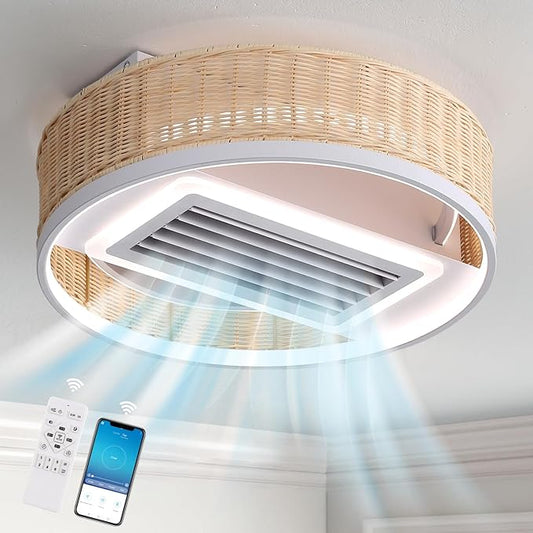 19.7''Mondern LED Bladeless Ceiling Fan, Smart Low Profile Ceiling Fan with Light, Rattan Boho Flush Mount Ceiling Fan, Dimmable Bedroom Ceiling Lights with Reversible Fans (Wood)