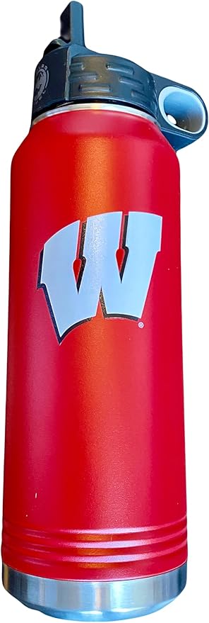 University of Wisconsin 32oz Stainless Steel Double Walled Red Beverage Bottle with Flip Straw Spout - College Gear for Playoff Season – For Office, Home or Auto – Show your Badgers Pride