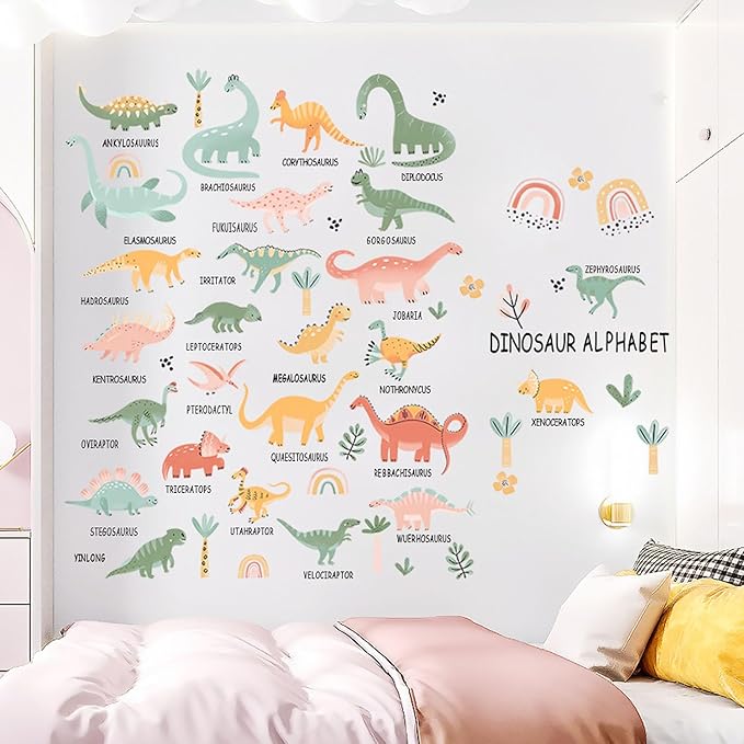 Boho Dinosaur Wall Decals Dino Palm Tree Wall Stickers Dinosaur Room Decor for Boys Kids Adult Bedroom Living Room Nursery Classroom Bathroom Home Decoration