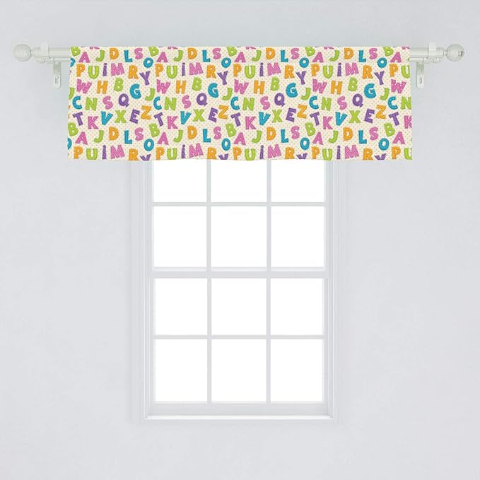 Ambesonne ABC Window Valance, Funny Letters in Lively Colors Cartoon Style ABC Alphabet on Polka Dots Backdrop, Curtain Valance for Kitchen Bedroom Decor with Rod Pocket, 54" X 18", Cream Green