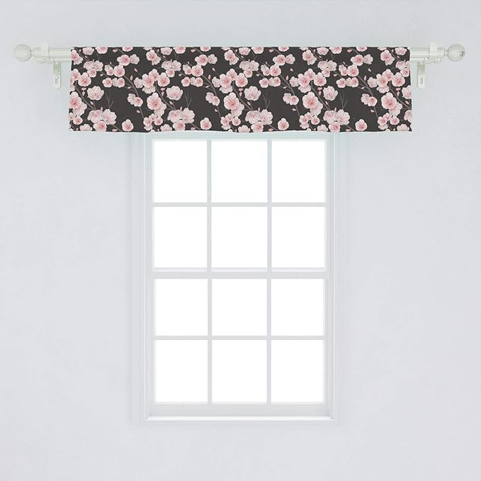 Ambesonne Cherry Blossom Window Valance, Fresh Nature Theme Branches with Blooms and Buds Rustic Japanese, Curtain Valance for Kitchen Bedroom Decor with Rod Pocket, 54" X 12", Brown White