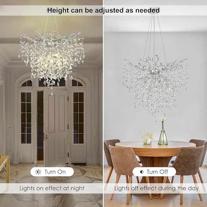 32 in Crystal Chandelier for Dining Room, Round Silver Tree Branches Chandeliers, Top K9 Crystal Chandelier, Modern Chandeliers for Kitchen,Foyer Entryway,Luxury Adjustable Hanging Chandelier