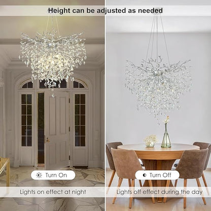 32 in Crystal Chandelier for Dining Room, Round Silver Tree Branches Chandeliers, Top K9 Crystal Chandelier, Modern Chandeliers for Kitchen,Foyer Entryway,Luxury Adjustable Hanging Chandelier