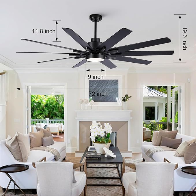 72 inch Large Black Ceiling Fans with Lights and Remote,Industrial ceiling fan 6 Speed Reversible Quiet DC Motor, 3 CCT,10 Blades Indoor/Outdoor Black Modern Ceiling Fan for Kitchen Living Room Patio