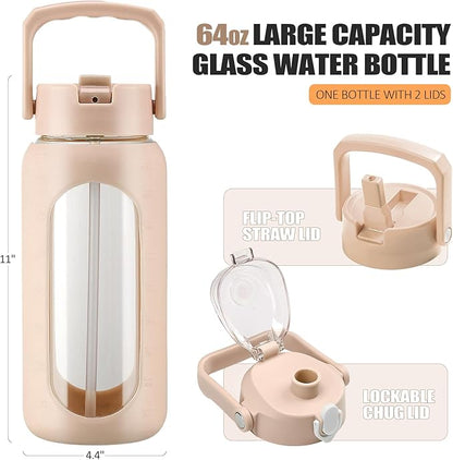 BLUEGO 64oz Glass Water Bottles with 2 Lids Flip Lid and Spout Lid Half Gallon Water Bottle with Straw 2L Large Water Bottle with Time and Capacity Markers for Gym Home Office Leak-proof, Amber