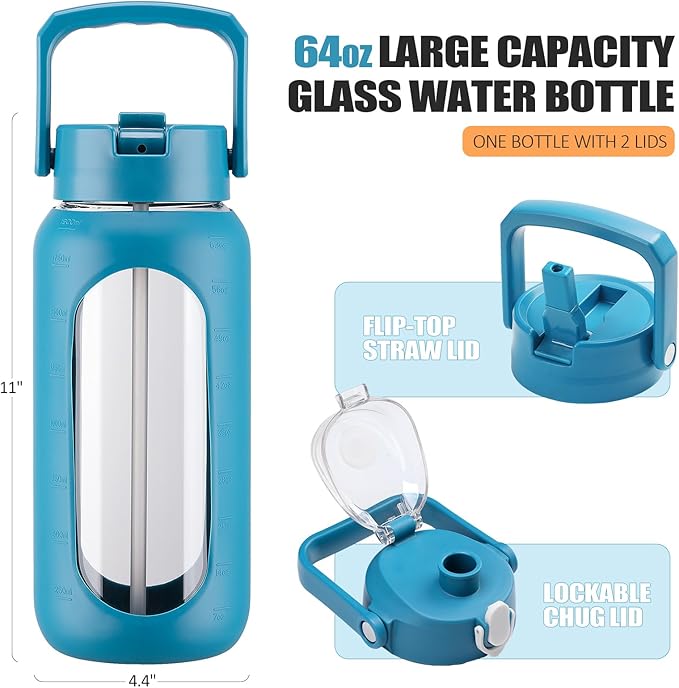 BLUEGO 64oz Glass Water Bottles with 2 Lids Flip Lid and Spout Lid Half Gallon Water Bottle with Straw 2L Large Water Bottle with Time and Capacity Markers for Gym Home Office Leak-proof, Blue