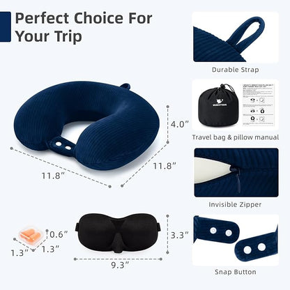 Travel Pillow, Neck Pillow Airplane Memory Foam with Sleep Mask Earplugs, Soft & Support Fleece Airplane Pillow for Travelling Plane Car Train Home Use, Navy