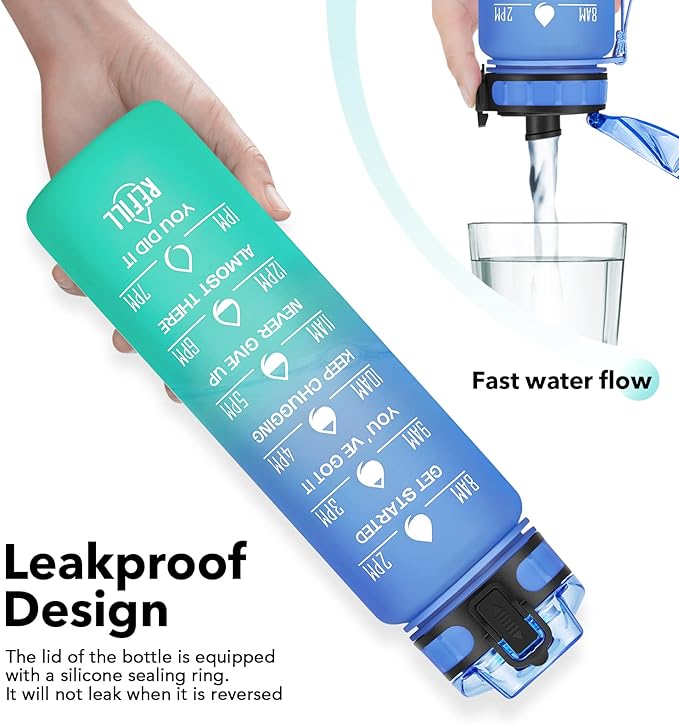 1L/750ml Motivational Water Bottle with Time Marker, Leak-proof BPA Free Drink Bottle with Fruit Strainer or straw, Perfect for Fitness, Gym and Outdoor Sports