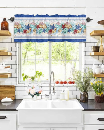 Vandarllin Coastal Beach Kitchen Curtains Valances for Windows Nautical Ocean Seashell Coral Starfish Rod Pocket Window Treatment for Kitchen/Living Room/Bedroom/Bathroom, 60" X 18", Blue Teal Summer