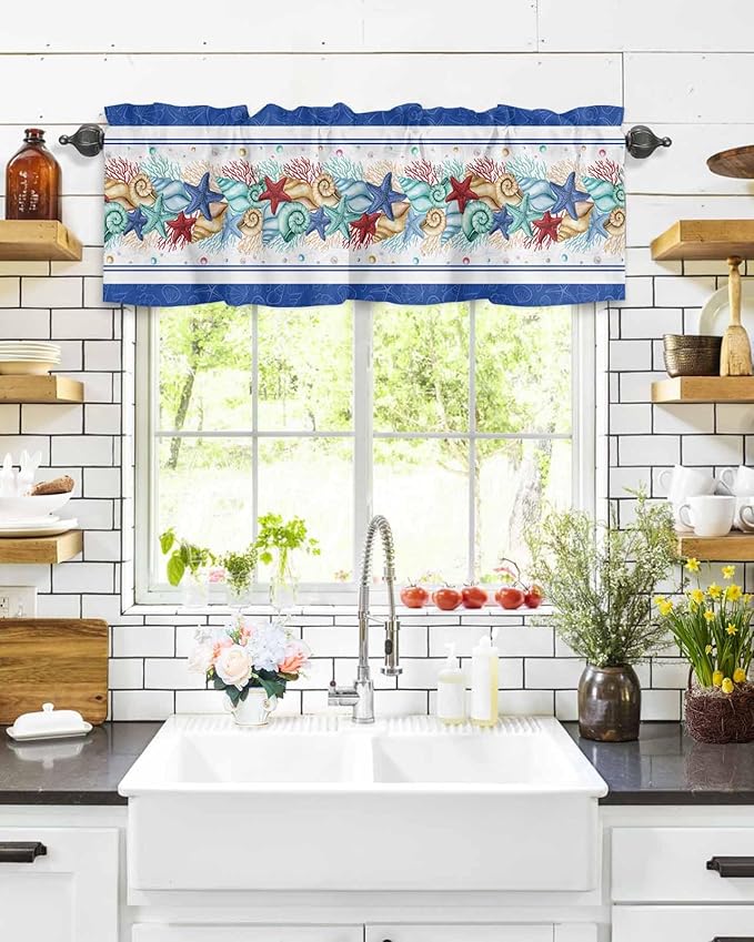 Vandarllin Coastal Beach Kitchen Curtains Valances for Windows Nautical Ocean Seashell Coral Starfish Rod Pocket Window Treatment for Kitchen/Living Room/Bedroom/Bathroom, 42" X 12", Blue Teal Summer