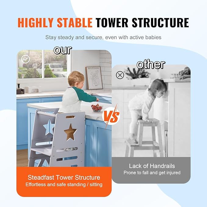 VEVOR Bamboo Tower Step Stool for Kids and Toddlers, 3-Level Height Adjustable Bamboo Toddler Kitchen Step Stool, 350LBS Loading Tower Stool with Safety Rail for Kitchen Counter Bathroom, Gray