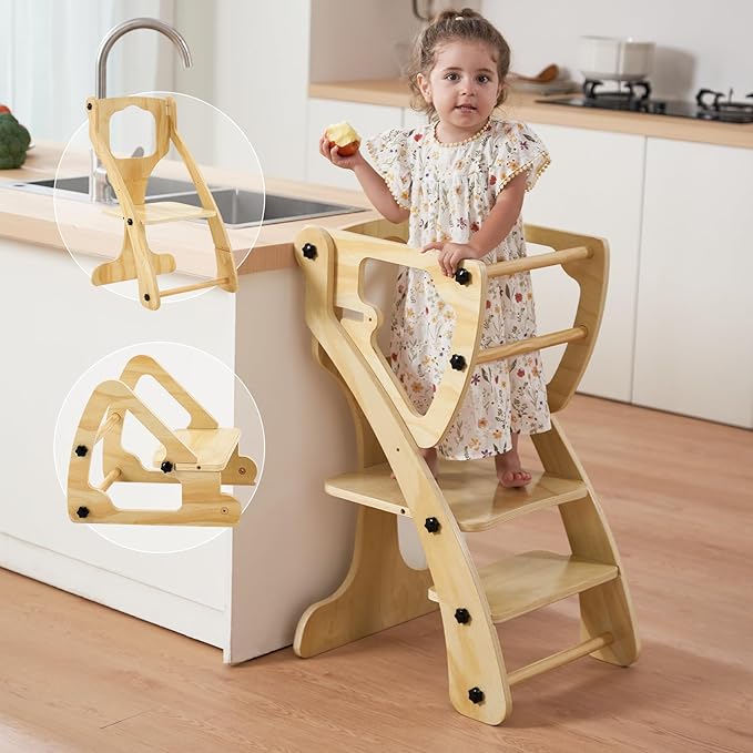 2 in 1 Toddler Kitchen Step Stool, Kids Standing Learning Tower, Wooden Child Kitchen Stool Helper Adjustable Height with Safety Rails