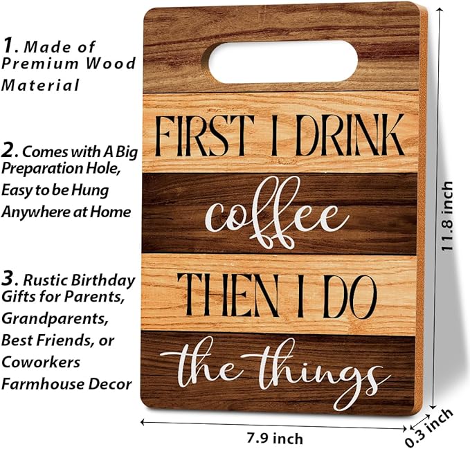 Cutting Board Gifts, First I Drink Coffee Wood Cutting Boards for Kitchen, House Warming Gifts New Home, Kitchen Wall Art, Christmas Birthday Gifts for Women Mom Grandma 8 x 12 Inch