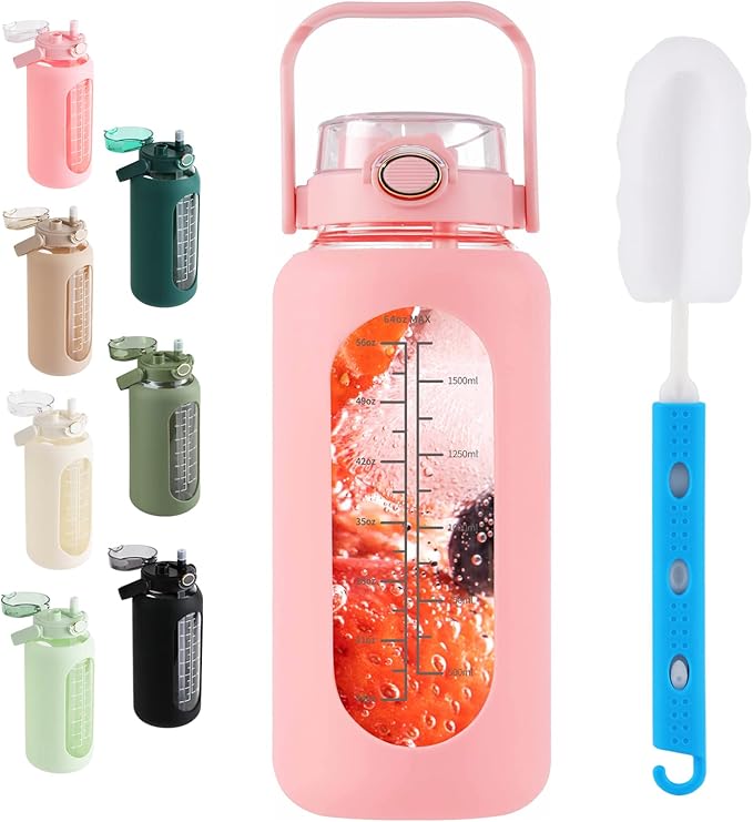 SIEROZUR 64oz Glass Water Bottle with Straw and Handle Lid Half Gallon Motivational Glass Bottle with Silicone Sleeve and Time Marker Large Reusable Sports Water Jug for Gym Home Workout