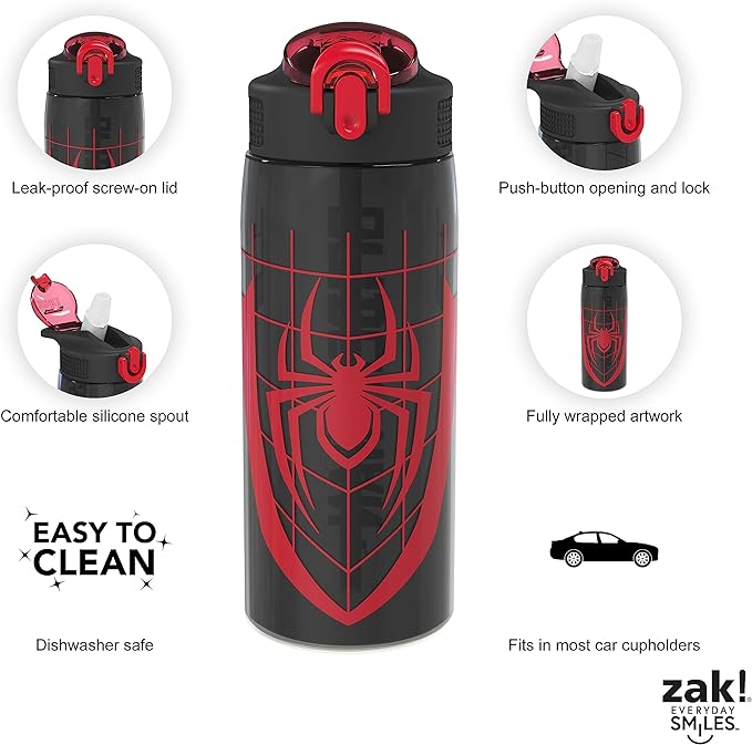 Zak Designs Marvel Spider-Man Water Bottle For School or Travel, 25 oz Durable Plastic Water Bottle With Straw, Handle, and Leak-Proof, Pop-Up Spout Cover (Spider-Man)