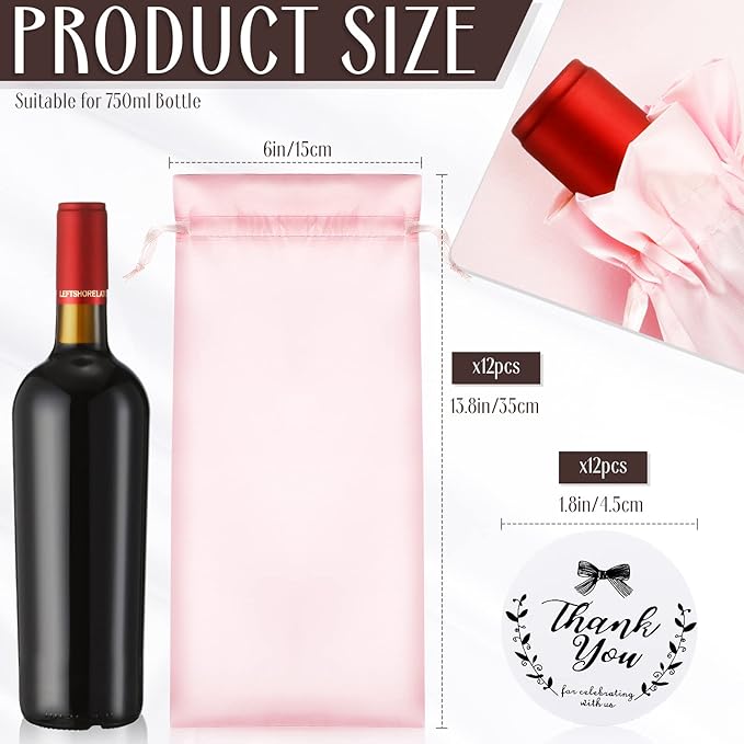 Shappy 12 Pcs Satin Wine Bags Wine Gift Bags with Drawstrings & Tags, Wine Bottle Bags Reusable Wine Bottle Covers for Christmas, Wedding, Birthday, Travel, Holiday Party, Home Storage (Pink)