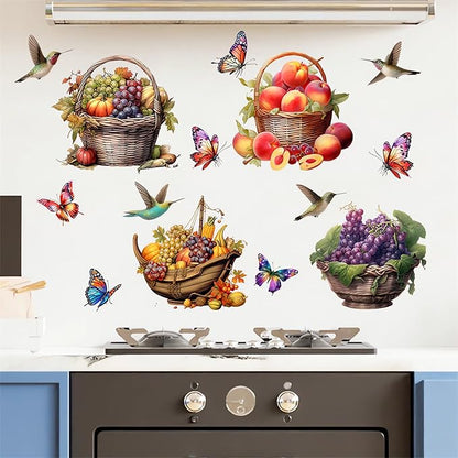 Colorful Fruits Basket Butterfly Hummingbirds Wall Stickers, sacinora Grapes Peaches Pumpkin DIY Wall Decals Removable Vinyl Peel and Stick for Kitchen Living Room Bedroom Art Home Decorations