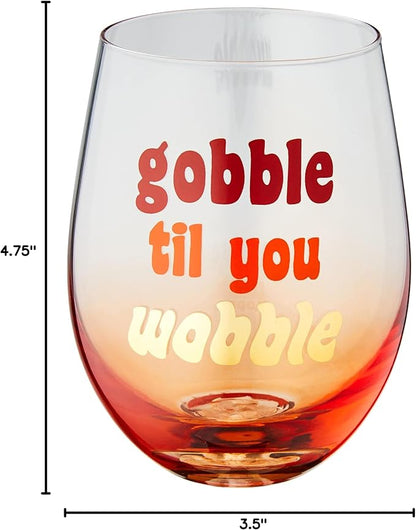 Pearhead Gobble Til You Wobble, Gradient Orange Thanksgiving, Seasonal Fall Home Dećor Accessory, Holiday Stemless Wine Glass, 15oz