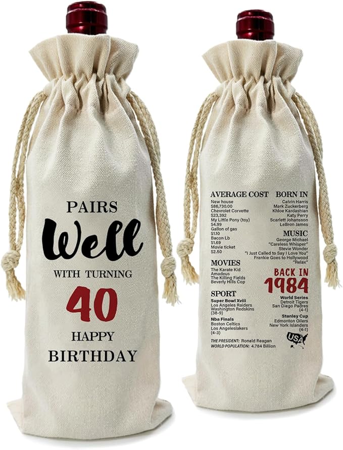 ZHANTUONE，40st Birthday Gift,Drawstring Polyester Cotton Cloth Wine Bag，Funny Birthday Wine Bag，40 Years Old Birthday Party Decoration Wine Bag Gifts,Birthday Party Decorations Ideas Wine Bag