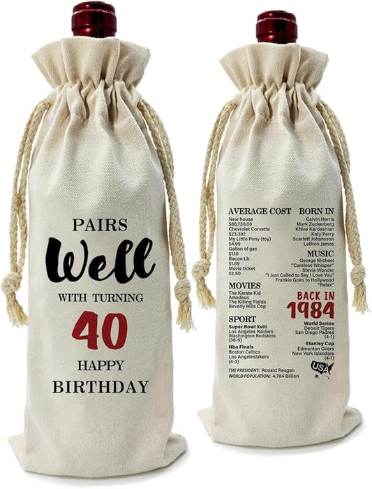 ZHANTUONE，40st Birthday Gift,Drawstring Polyester Cotton Cloth Wine Bag，Funny Birthday Wine Bag，40 Years Old Birthday Party Decoration Wine Bag Gifts,Birthday Party Decorations Ideas Wine Bag