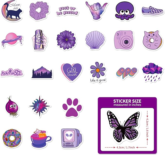 100PCS Purple Stickers, Lifany Cartoon Stickers Pack for Adults,Kids, Waterproof and Aesthetic Vinyl Stickers for Water Bottle, Laptop, Phone, Skateboard, Black Cat Decor Decal for Christmas