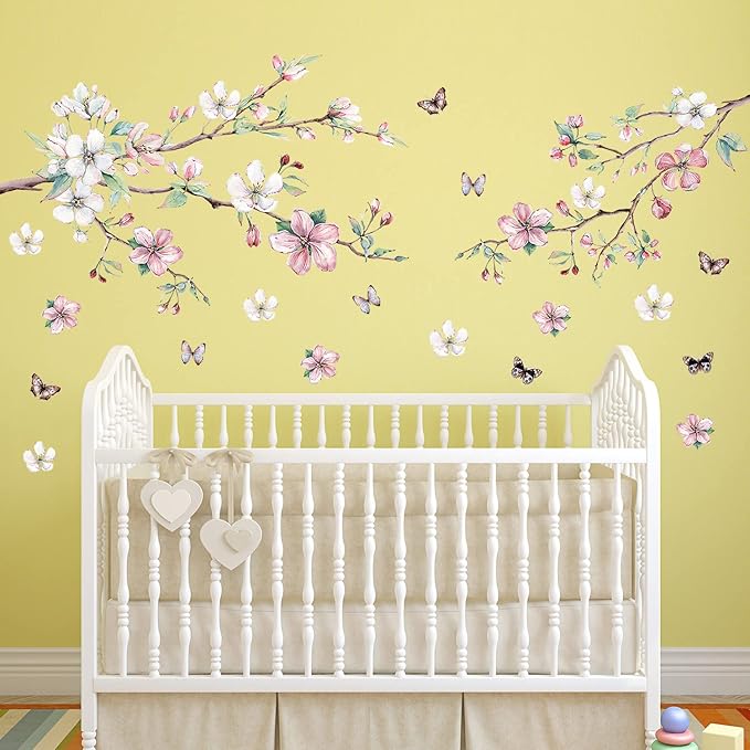 AM AMAONM Removable 3D Ink Style Brown Tree Branches and Pink WhiteFlower Wall Decals Plum Blossom Flowers and Butterfly Wall Sticker Peel and Stick Wall Decor for Home Walls Living Room Kids Baby