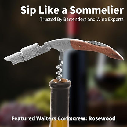 Wine Opener - Professional Corkscrew Wine Opener with Foil Cutter & Cap Remover - Double Hinged Wine Bottle Opener - Manual Wine Key for Servers, Waiters, Bartenders & Home Use - Rosewood