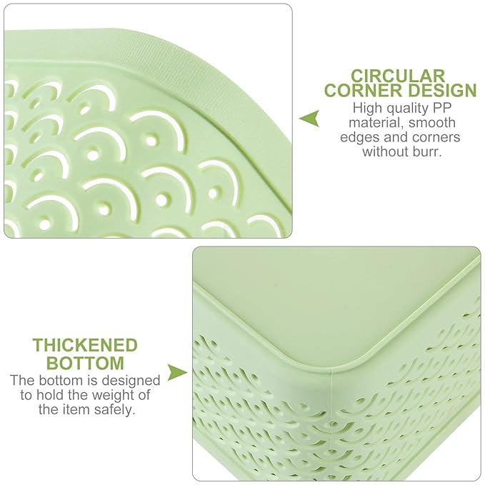 3 Pack Plastic Storage Baskets, Portable Green Fish Scale Pattern Hollow Desktop Storage Bin Box with Handle for Kitchen, Bathroom, Kids Room or Nursery Storage – 13.8 x 11.2 x 5.1 inches